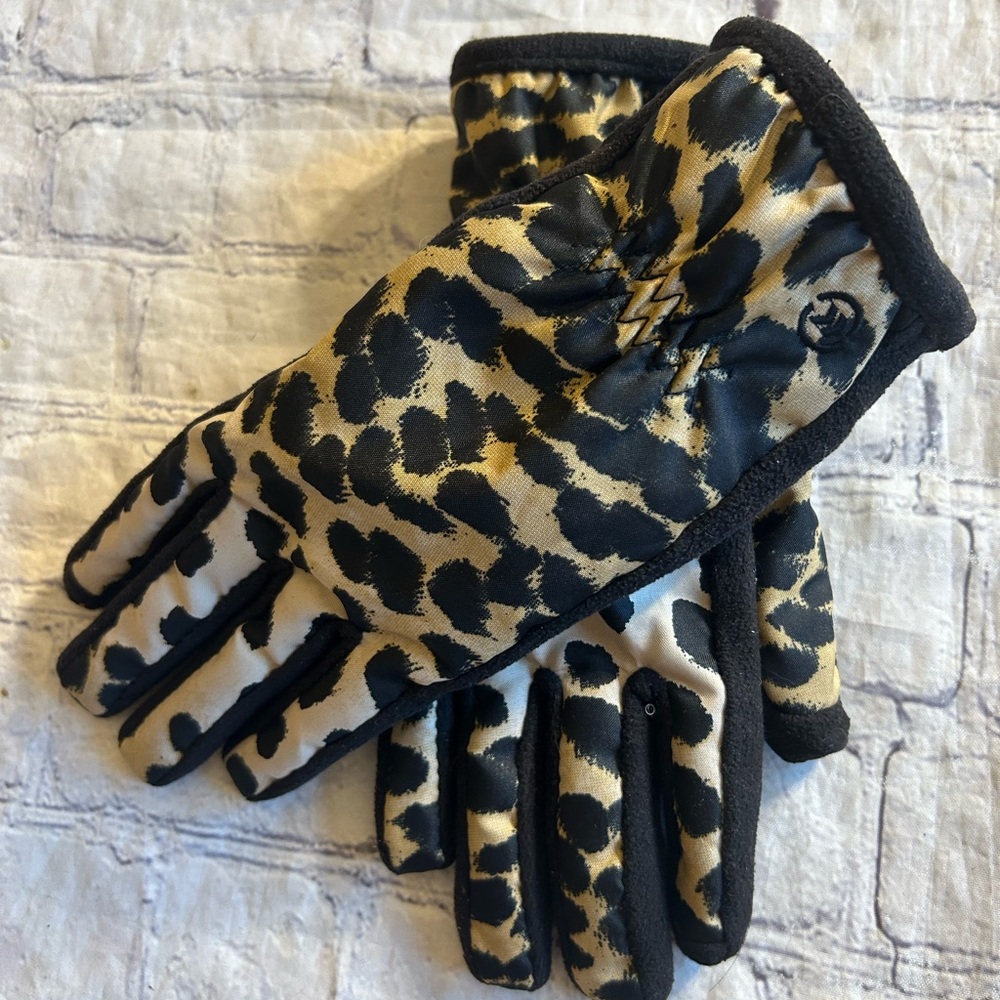 ISOTONER BLACK LEOPARD FLEECE NYLON THERMAFLEX WOMEN’S GLOVES M/L BACK KNIT